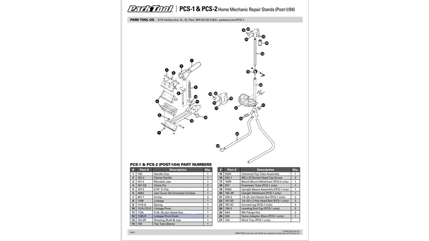 Park Tool 112B-R PCS-1/2 Linkage pivot knob