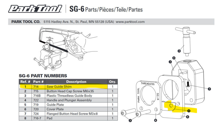 Park Tool 714 Saw Guide Shim SG-1,2,3,5,6