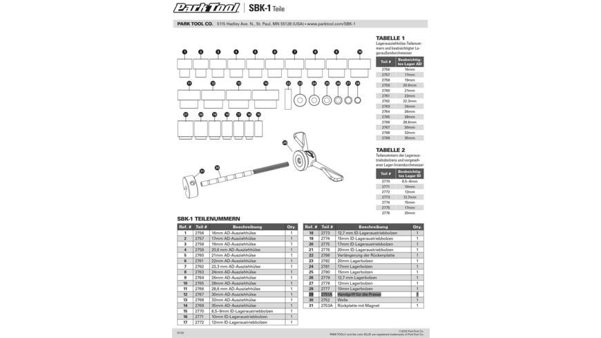Park Tool 2751A Lagerpressgriff für SBK-1