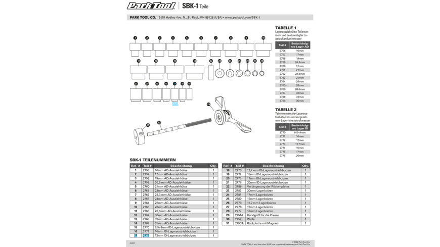 Park Tool 2772 12 mm Lagerabzieher für SBK-1